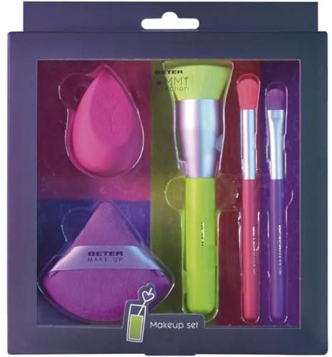 Beter - Ensemble de pinceaux de maquillage avec houppette et éponge, 3 pinceaux+beauty blender+houppette, Set de pinceaux de maquillage, Pour poudres, fond de teint, correcteur et ombres, Idéal cadeau
