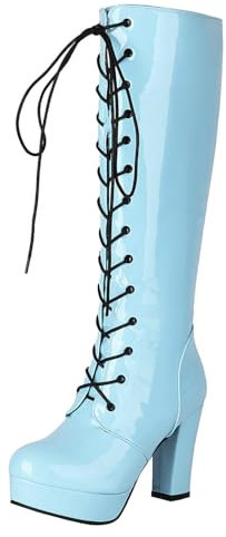 Etebella Damen Blockabsatz High Heels Plateau Kniehohe Stiefel zum Schnüren Lack Knee High Boots Winter Moderne Schuhe(Blau,42)