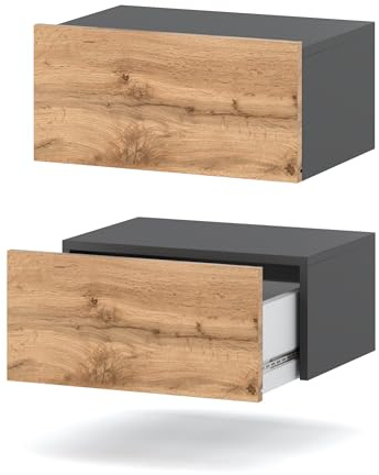 MRBLS Nachttisch Wandmontage 2er Set - Nachttischschrank Hängend - Modernes Design Wandschublade - Nachttisch Wand –Nachtschrank - Wandregal Mit Schublade (Grau Matt - Wotan) – 45 x 19 x 32 cm (B/H/T)
