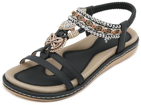 Acfoda Sandales Femme Été Confortable Plats Nu Pieds Cuir Tong de Plage Mode Claquettes Bout Ouvert avec Strass Negro 41 EU = 42 CN