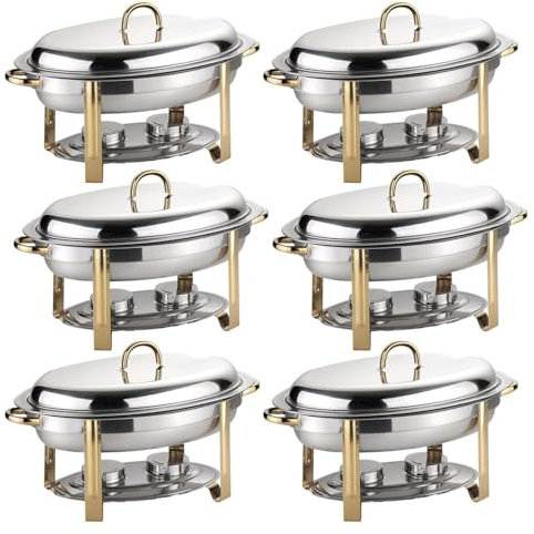 Stainless Steel Buffet Warmer Tray Set - 6L Oval Chafing Dish for Weddings, Caterings, Parties - Full Size with Food Pan, Water Pan and Fuel Holders - Pack of 2/4/5/6