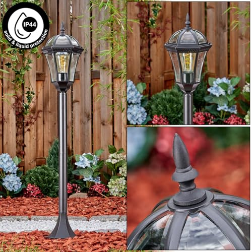 HOFSTEIN Wegeleuchte Lavajo, Wegelampe aus Metall/Glas in Schwarz/Klar, Außenleuchte im Vintage/Antik/Landhaus-Design für Garten/Außenbereich/Terrasse/Hof, Höhe 102 cm, E27, IP44