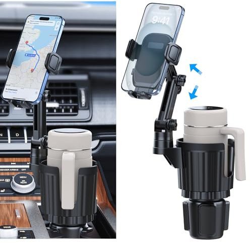 Support téléphone pour Porte-gobelet, Support 2 en 1 pour Porte-gobelet avec Bras Long et Rotation à 360° pour Voiture pour Tous Les Smartphones iPhone Galaxy de 4 à 7 Pouces et la Plupart
