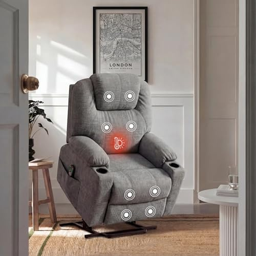 Blisswood Recliner Armchair, Power Lift Riser Recliner Chair with 8 Point Massage & Heating, Electric Reclining Sofa Chair for Elderly, Extended Footrest, 2 Cup Holders & Dual Side Pockets, Grey
