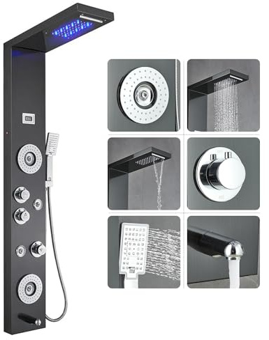 Ivanees 55 in. 6-Jet Stainless Steel Matte Black Shower Panel System w/Fixed LED Rainfall & Waterfall Showerhead, Temp Display, Tub Spout & Handheld Luxury Wall Mount Bathroom Tower