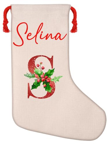 Personalisierte Weihnachtsstrümpfe mit Initiale & Name, benutzerdefiniertes Bild Xmas Urlaub Kamin Weihnachtsbaum Dekoration Geschenktüten mit Kordelzug