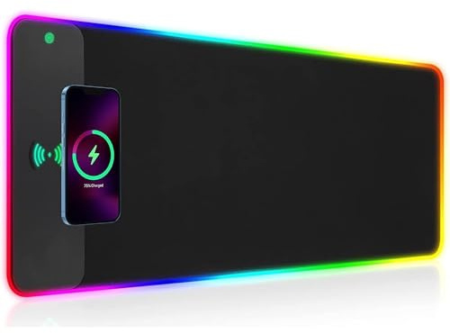 RGB Gaming Mouse Pad with Wireless Charging 15W, LED Mouse Mat 31.5 * 11.8 in, 10 Light Modes Extra Large Mousepad Non-Slip Rubber Base Computer Keyboard Mat for Gaming, MacBook, PC, Laptop, Desk