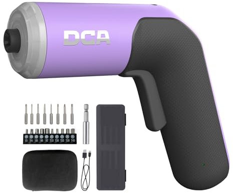 DCA 4V Elektrischer Schraubendreher-Set, 5 N·m mit 2000 mAh Li-Ionen-Akku, 6,35 mm Magnet-Sechskantaufnahme, USB-C Ladekabel, 18 Bits für Möbelreparaturen, Lila