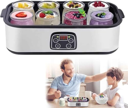 Genérico 1400ML Yogurtera Automática, 68-131°F Temperatura Ajustable, Pantalla LCD, 8 Tarros y Colador, Ideal para Yogur Casero y como Regalo