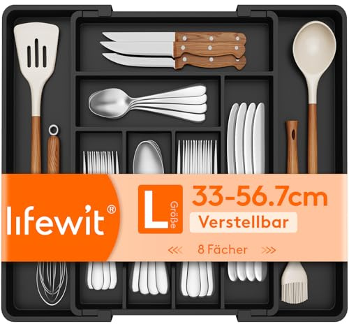 Lifewit Range Couverts pour Tiroirs, Rangement Vaisselle de Réglable 33 à 57 cm, Porte Ustensiles pour Placard Cuisine, Organisateur pour Argenterie, Cuillère, Couteau, Noir