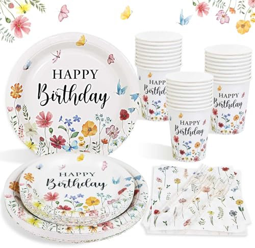 Heboland Stoviglie per Feste di Compleanno Fiori di Campo per 25 Ospiti, 100pcs Piatti e Bicchieri per Feste di Compleanno Fiore, Tovaglioli Fiori, Set Stoviglie Bambini Decorazioni per Feste