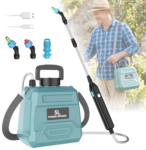 Spruzzatore elettrico a pressione da 5 l, 1800 mAh, spruzzatore da giardino, pistola telescopica ricaricabile, con ugelli, batteria per la pulizia spruzzando piante da giardino (blu)