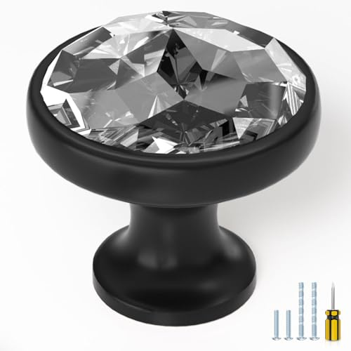 ELEBUILD 10 Pack Crystal Cabinet Knobs, Matt Black Single Hole Handles, Kitchen Cupboard Pulls, Clear Diamond Head, Elegant Door knobs for Wardrobe, Dresser, Closet, Bathroom Chest of Drawer