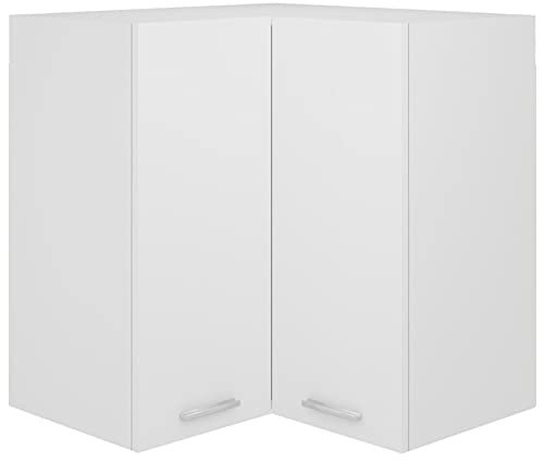 Moderner weißer Eckschrank aus Holzwerkstoff zur Wandmontage, für Küche, Wohnzimmer und Büro, 57 x 57 x 60 cm, Vitrine und Aufbewahrungseinheit für den Innenbereich