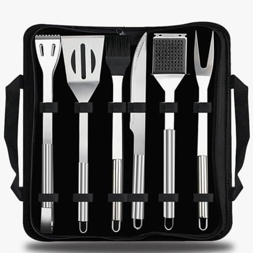 Set di 6 Utensili per Barbecue - Accessori per Barbecue in Acciaio Inossidabile con Borsa portaoggetti, Set da Campeggio per Esterni Resistente