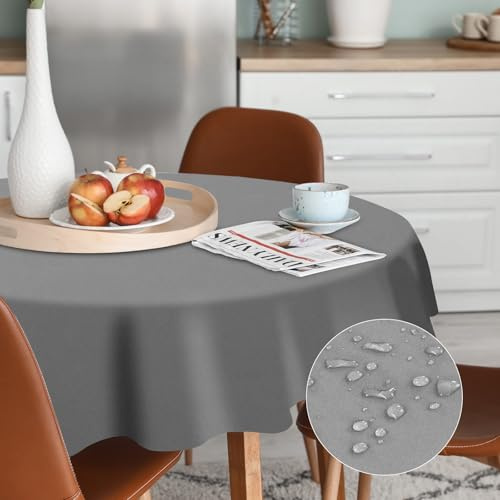 AUAUY Round Table Cloth Wipe Clean Tablecloth 140cm Diameter, Dark Grey | Polyester Waterproof Wipeable Circular Table Cloths, Table Cover Washable for Round Dining Table, Christmas Table Cloth