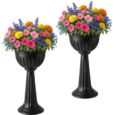 KYY'Z - Terracotta Urn Planters 75cm – Large Plastic Flower Pots - 29.5 Inch Tall Planter - Indoor Outdoor Garden Nursery – Lightweight Flowers Container – No Drainage Hole (Black, Set of 2)