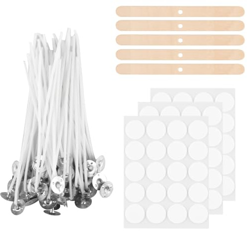 Kerzendochte Set, 100 STK Kerzendochte für Kerzen Selber Machen Set | 5cm Natürlichen Kerzendochten mit Dochthalter Holz und Doppelseitige Docht Aufkleber, für Kerzenherstellung