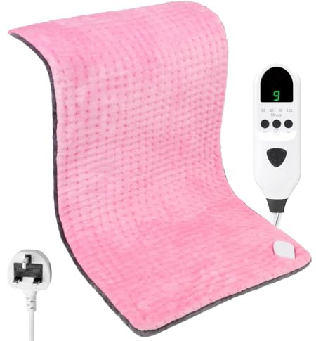 Heat Pad, Electric Heating Pad with 9 Temperature Levels & 4 Time Settings | Fast Heating Technology, Machine Washable for Back, Neck, Shoulder, Belly & Period Pain Relief (Pink + Grey, 43 x 84cm)
