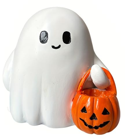 Wdbild Estatua de resina de cubo de calabaza con diseño de fantasmal, luz nocturna LED, decoración de Halloween para festivales de interior, adorno fantasmal brillante