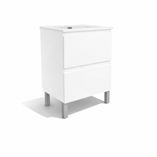 Baikal Mueble de Baño Nook. Mueble MONTADO. 60cm Blanco Cajón + Puerta Abatible. Cierre Amortiguado. Patas Cromadas. Armario de Baño. Incluye Lavabo Ceramico