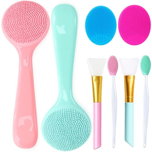 8PCS Silicone Face Scrubber, Facial Cleansing Brush Set with Pink and Green Brushes, Face Brush for Daily Skin Care, DIY Masks, Exfoliating, Massaging, and Makeup Removal