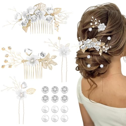 Juego de 16 Peines de Boda con Horquillas de Perlas, Elegantes Accesorios para el Cabello para Mujeres con 6 Perlas Grandes y 6 Pequeñas, Horquillas Clásicas para Novias y Damas de Honor (Blanco)