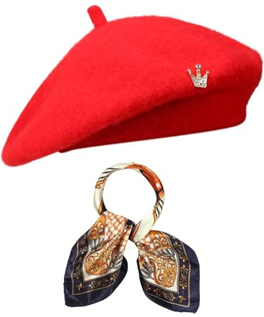 YEAMLTE Baskenmütze Damen Wolle, 3 PCS Franzosen Mütze, Passende Seidenschalbrosche, Pantomime-Mütze, Einfarbig Baskenmütze Damen Winter, Stilvolle Accessoires für Damenpartys