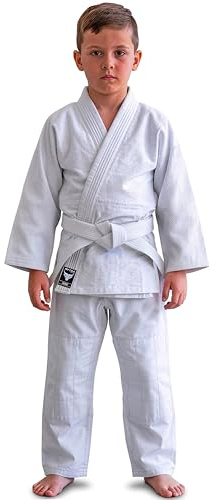 Mytra Fusion Judo Gi per Bambini – Uniforme da Judo Junior Resistente per Allenamento e Competizione – Kimono da Judo Durevole con Cuciture Rinforzate e Cintura Inclusa (Bianco, 1-140)