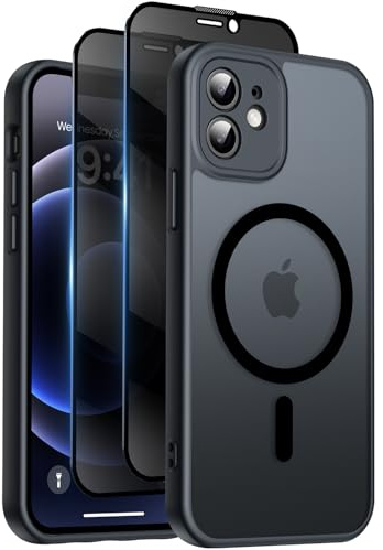 Qasyfanc Funda Magnética para iPhone 12 Compatible MagSafe con 2 Privacidad Cristal Templado Antiespia, Protección de Cámara Carcasa Translúcida Mate Trasera, Fina Antigolpes Negro