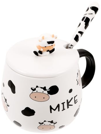 TOYANDONA Taza de Café de Cerámica Dibujos Animados de Vaca, Tapa de Cerámica y Cuchara, Adecuado para Uso en Restaurante o Hogar, para Leche o Agua