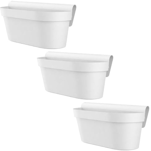 Engelland - 3 x Balkonkasten für Geländer & Zaun, Weiß, Blumentopf mit Wasserspeicher, Blumenkasten zum EIN-Hängen, Balkontopf, Pflanzkasten, 49 x 20,5 x 23 cm, Außenbereich, Kunststoff