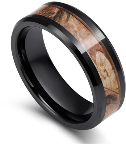 Grewod Herrenring Keramik 8mm Schwarz Braun Holz Ring Verlobungsring Eheringe Schlicht Schmuck Gr.52-70