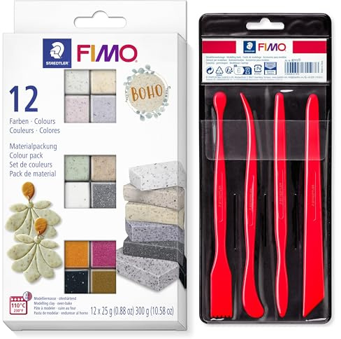 STAEDTLER Boho Colours Set FIMO Effect, ofenhärtende Modelliermasse, 12 Halbblöcken à 25g und 4 versschiedene Modellierwerkzeuge