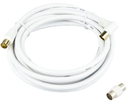 Boobrie Câble Antenne TV 3M Coaxial RG-59 75 Ohms Double Blindage, Connecteurs Coude TV IEC 9,5mm Mâle à Mâche, Adaptateur Femelle-Femelle Nickelé Inclus – Pour TNT DVB-T2 Câble Satellite