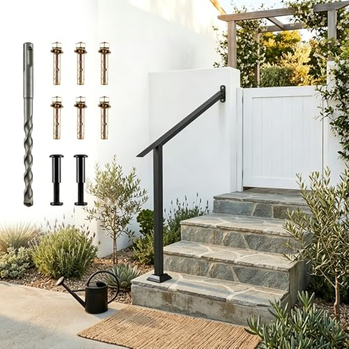 HOMFME Handrail for Stairs Fit 2-5 Steps, Heavy-Duty Adjustable Angle Stair Railing Kit with Drill Bit & 6 Expansion Screws, Indoor Outdoor Metal Grab Rails for Garden Entryway Backyard (3-4 Steps)