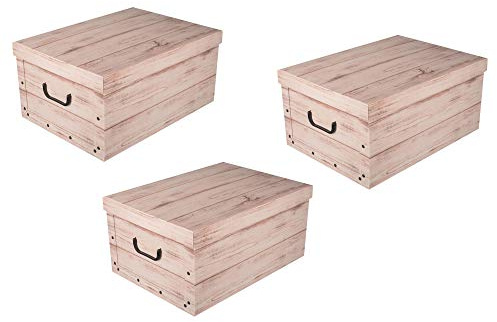 Kreher 3 Stück XXL Dekokarton WHITE WOOD in schöner, heller Holzoptik - Tolles Motiv, passt in jeden Haushalt! Edel und hochwertig! Mit Griffen zum Tragen und XXL Volumen!