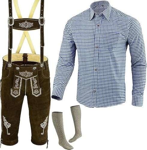 Speed4allkinds Trachten Set Herren Trachten Lederhose Herren Größe 46-62 Bayerische Traditionelle Echt Lederhose für Oktoberfest Trachtenset,Hose,Hemd,Socken Neu (Lederhose 54 Blau Hemd XL Socken 43)