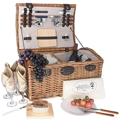 Les Jardins de la Comtesse - Picknickkorb Gisors aus honigfarbener Weide - Komplett Ausgestattet/4 Personen/Kühlfach und Keramikteller/Weingläser aus echtem Glas/cremefarbener Stoff - 48 x 36 x 27 cm
