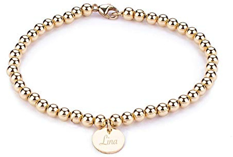 Kugel Armband aus Gold Filled Perlen mit Gravur | 9,5mm Plättchenanhänger | Personalisierter Schmuck mit Namen | Persönliche Geschenke für Frauen zum Jahrestag Geburtstag Muttertag