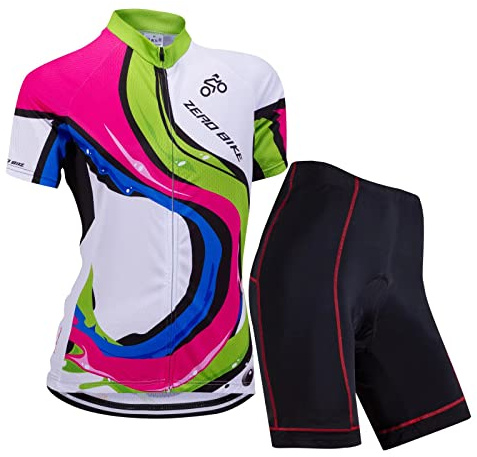 Kvinnors cykling ventilerande snabbtorkande tröjor set, jersey cykel kortärmad jacka + 3D vadderad kudde tighta shorts byxor (färgstång, L)
