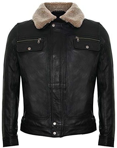 Veste en Cuir Noir pour Homme Camionneur en Peau de Mouton Amovible Col Sherpa Manteau en Jean Décontracté L