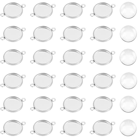 UNICRAFTALE 100 Sets 12mm Lünette Anhänger Edelstahl Cabochon Verbindungs Anhänger Flach Rund Cabochons Rohlinge Lünette Tabletts Mit Glas Cabochon Für Armbänder Halsketten Schmuckherstellung