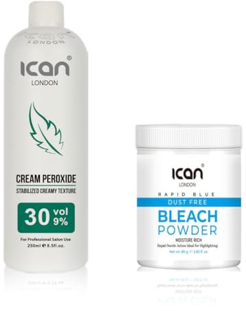 ICAN LONDON PROFESSIONAL CREAM PEROXIDE 30 VOL 9% 250 ML + RAPID BLUE POWDER BLEACH (JAR)80 G SET