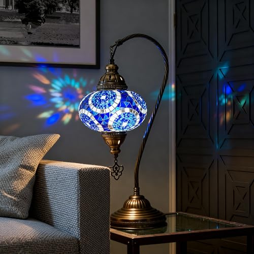 Mozaist Turkish Lamp, Swan Neck Mosaic Table Lamp, Moroccan Decorative Glass Antique Bohemian Vintage Lamp Shade, Tiffany Desk Bedside Stained Glass Lamp with US Plug and E12 Socket