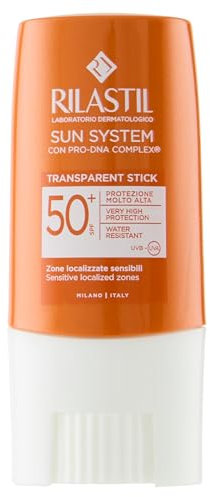 Rilastil Sun system Stick Solare Transparente SPF 50+ per Pelli Sensibili e Zone Delicate, Resistente all'Acqua, 0% Parabeni,Senza profumo, 8,5ml