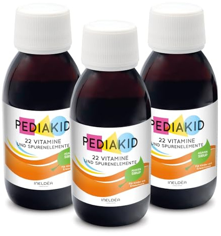 PEDIAKID - 22 Vitamines et Oligo-Éléments - Formule exclusive au sirop d'Agave - Fibres d'Acacia prébiotiques - Tonus - Renforce le système immunitaire - Goût orange abricot - Lot de 3
