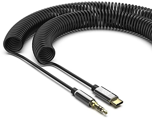 JAMEGA – USB C Klinke Aux Spiralkabel - USB Typ C auf 3.5mm Klinken Spiral Kabel DAC Chip Stereo kompatibel mit Huawei P30 Pro/P40 Pro/P20/Mate 30, Samsung S20/20+/S10/Note 10/S9/S8 uvm - bis zu 2m