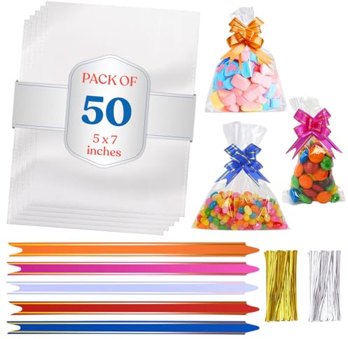 eHom Cellophane Bags Pack of 50 (5 x 7 Inches) Food Safe Cookie Bags with 50 Mix Color Pull Bows & Twist Ties- For Christmas & Halloween Gifts, Packaging, Wrapping Sweet bags for Hamper Making