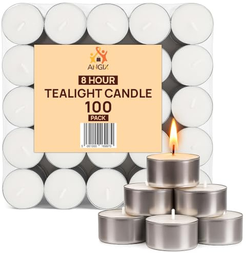8 Hour Tealight Candles 100 Pack Long Burning Unscented Tea Lights - White 8hr Candle Tealights for Everyday Use, Weddings, Christmas Gifts, Parties, Spa, Home & Decor - Sold by ANGIX